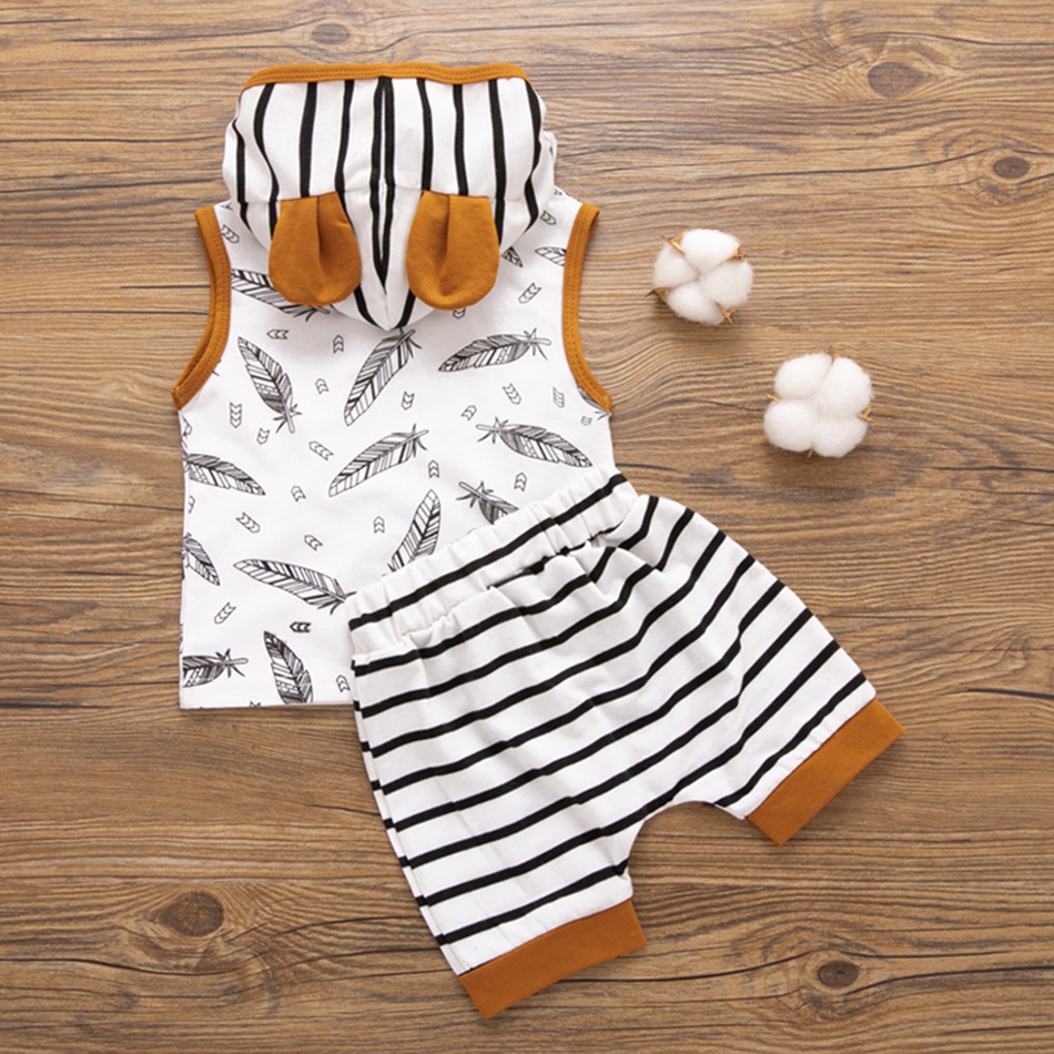 2-piece Ears Hooded Striped Outfit